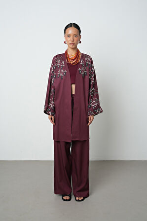 Kadın Yakası Ve Kolları Boncuk İşlemeli Oversize Uzun Kimono