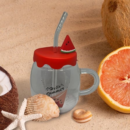 Trendexa Karpuz Tasarımlı Kupa Bardak Hediyelik Cam 450 ml Pipetli