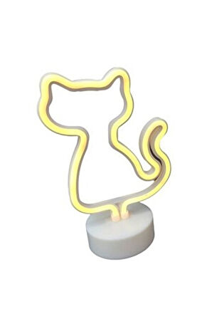 Neon Işıklı Kedi Lamba Pil+Usb Pembe Işık