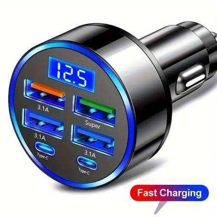 6 Portlu Hızlı Araç Şarj Cihazı - 4 USB + 2 Type-C Çıkışlı Dijital Göstergeli Oto Şarjı