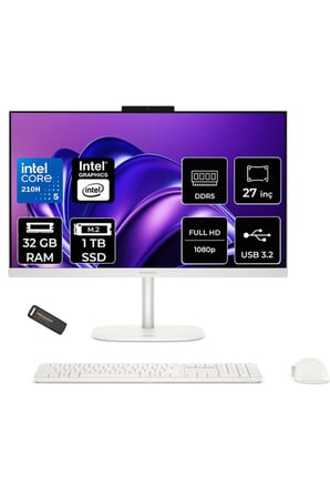 OmniStudio 27 Core 5 210H 32GB RAM 1TB SSD 27" FHD FreeDos Beyaz All in One Bilgisayar + Per4 USB Bellek