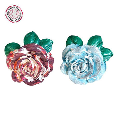 Uretti - Ayşe 7362 5735 El Yapımı Minik 2'li Mavi - Bordo Renk Gül Magnet - 6 x 7 cm