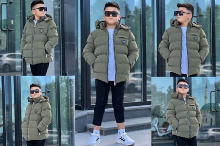 Pina Kids Erkek Çocuk Mont Haki 7-8 Yaş Kapüşonlu Su Geçirmez Kalın Kışlık