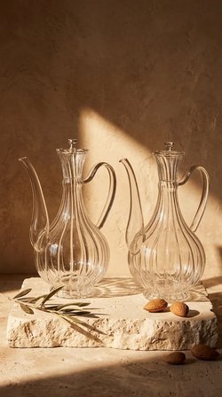 2li Cam Yağdanlık 750ml +750 Ml Glory Çizgili Mermer Stantlı Borosilikat Sirkelik – El Üretimi Yağ, 