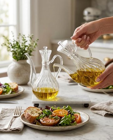 2li Cam Yağdanlık 750ml +750 Ml Glory Çizgili Mermer Stantlı Borosilikat Sirkelik – El Üretimi Yağ, 
