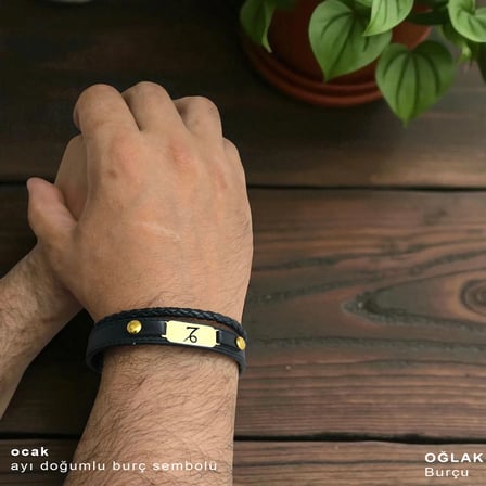 14 Ayar Altın Plakalı Ocak Ayı Doğumlarına Özel Siyah Derili Oval Motifli Hediye Bileklik-563