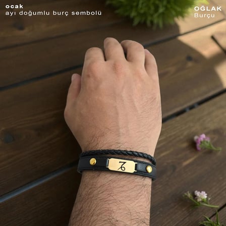 14 Ayar Altın Plakalı Ocak Ayı Doğumlarına Özel Siyah Derili Oval Motifli Hediye Bileklik-563