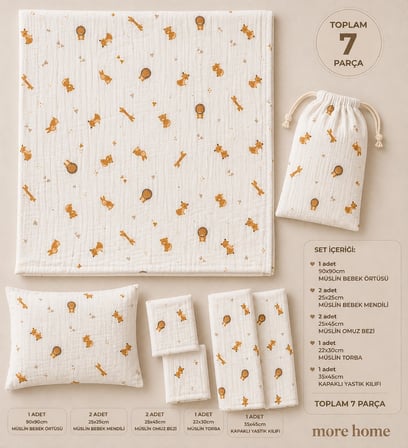 More Home Bebek Müslin Bez Battaniye Set 7 Parça  Tilkili Açık Kahverengi