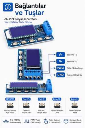 ZK-PP1 PWM Sinyal Üreteci Pulse Jeneratörü 1Hz-150KHz Ayarlanabilir LCD Ekranlı Devre Modülü