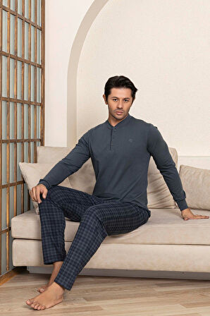 Erkek 3 Düğmeli Ekose Desenli Pamuk Likra Mevsimlik Uzun Kol Manşetli Cepli Pijama Takımı