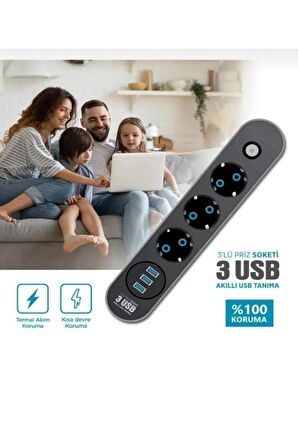 Akım Korumalı 3’lü Grup Priz Uzatma Kablosu 3 x USB 3 x Anahtar 2 Metre Kablo