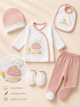Lilliy 5 Parça Pamuklu Yenidoğan Hastane Çıkışı Seti Kedi Nakışlı Pembe Beyaz 0-6 Ay