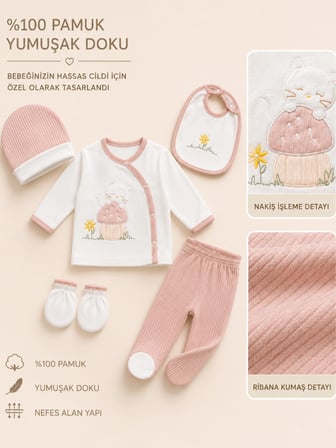 Lilliy 5 Parça Pamuklu Yenidoğan Hastane Çıkışı Seti Kedi Nakışlı Pembe Beyaz 0-6 Ay