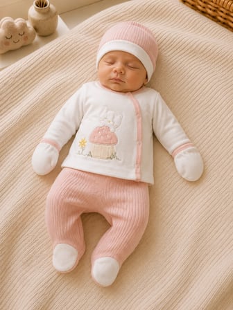Lilliy 5 Parça Pamuklu Yenidoğan Hastane Çıkışı Seti Kedi Nakışlı Pembe Beyaz 0-6 Ay