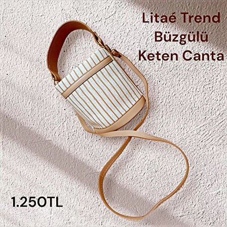 Büzgülü Kova Tip Çanta - Çizgili Bej