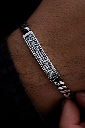 Erkek Gümüş Bileklik -Taç Mahal Oksitli Gurmet Zincir Beyaz Zirkon Taşlı Gümüş Bileklik