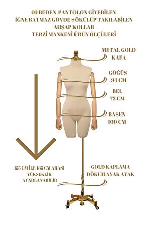 Lüks Gold Ayaklı Pantolon Giyebilen 40 Beden Ahşap Kollu Terzi Vitrin Mankeni