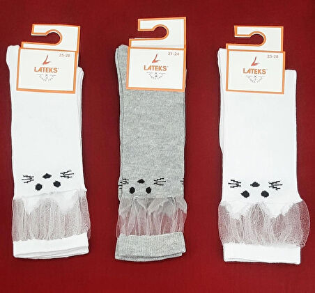 Kız Çocuk Dizaltı Kedi Desenli Okul Çorabı 21-24 Ayak Numarası 3'lü Paket  