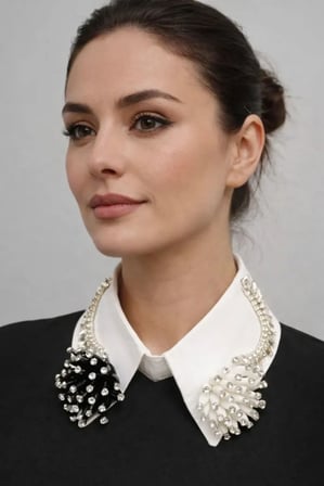 Uretti - Sümeyya 2589 8164 El Yapımı Taş işlemeli Boncuklu Beyaz Seyyar Yaka - Kristal Choker Kolye