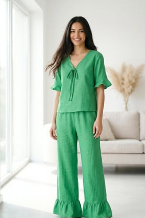 Kadın Yeşil Keten Görünümlü Yazlık Kısa Kollu Hafif Dokuma Pijama Takımı