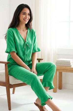 Kadın Yeşil Keten Görünümlü Yazlık Kısa Kollu Hafif Dokuma Pijama Takımı