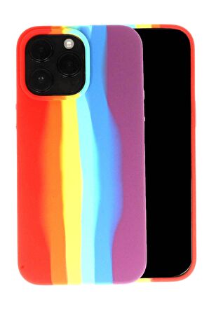 iPhone 13 Pro Max Leke Tutmaz Rainbow Desenli içi Kadife Turuncu Kılıf