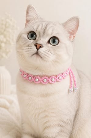 El Örgüsü Kedi Boyun Aksesuarı Pembe İnci Boncuklu Bağcıklı El Yapımı Dekoratif Kedi Tasması
