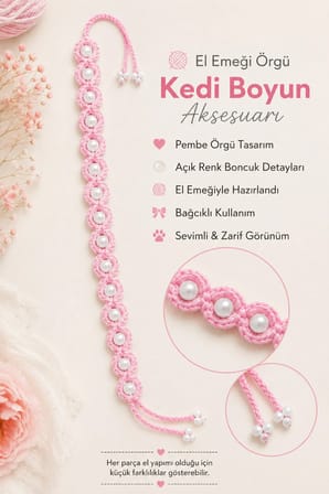 El Örgüsü Kedi Boyun Aksesuarı Pembe İnci Boncuklu Bağcıklı El Yapımı Dekoratif Kedi Tasması