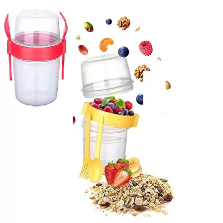 Çift Hazneli - Çatal Kaşıklı Portatif Müsli -atıştırmalık Kabı 800 Ml