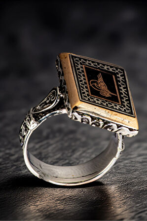 Erkek Osmanlı Tuğrası İşlemeli Dikdörtgen Model 925 Ayar Gümüş Yüzük