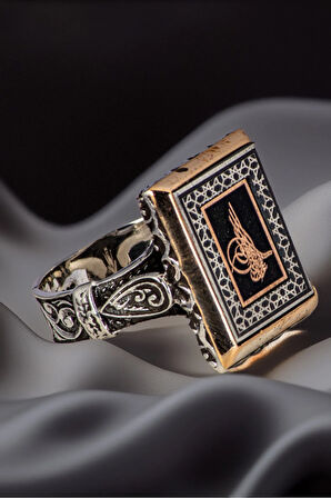 Erkek Osmanlı Tuğrası İşlemeli Dikdörtgen Model 925 Ayar Gümüş Yüzük