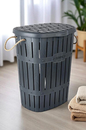 65 Lt Bambu Halatlı Kirli Çamaşır Sepeti Kapaklı Banyo Düzenleyici Plastik Kirli Sepeti