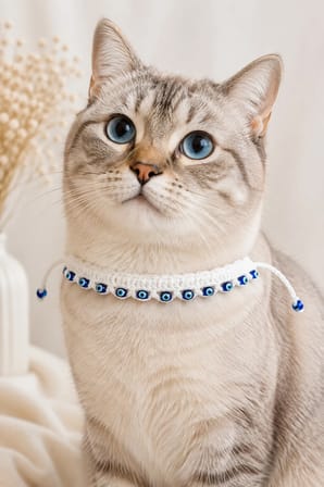 El Örgüsü Nazar Boncuklu Kedi Boyun Aksesuarı Beyaz Bağcıklı El Yapımı Dekoratif Kedi Tasması