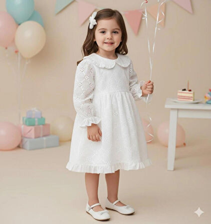  Beyaz Uzun Kollu Fisto Yaka Detaylı Kız Çocuk Elbise - Jesicca