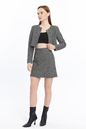 Ekose Tüvit Blazer Ceket Mini Etek Takım