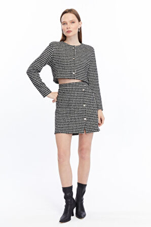 Ekose Tüvit Blazer Ceket Mini Etek Takım