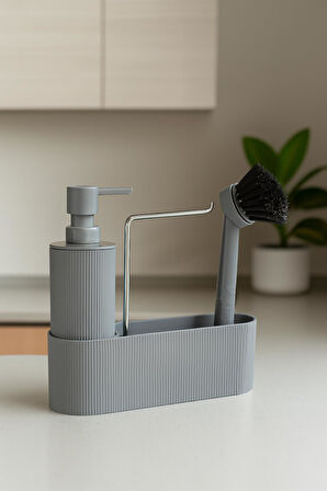 Gri Sabunluk Fırçalı Mutfak Lavabo Düzenleyici Seti- Sabunluk,Fırça Ve Organizer