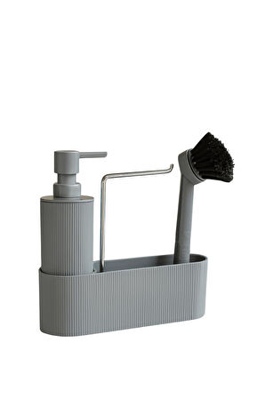 Gri Sabunluk Fırçalı Mutfak Lavabo Düzenleyici Seti- Sabunluk,Fırça Ve Organizer