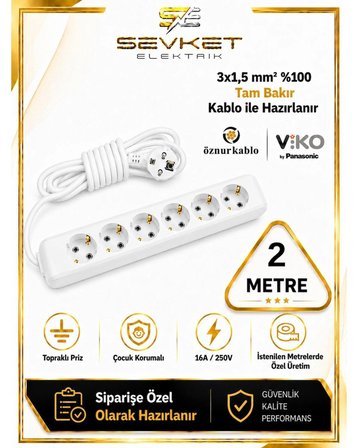 Viko 6'lı Grup Priz 2 Metre Beyaz 3x1,5 Mm Kalın Kablolu Uzatma Kablosu