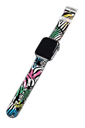 Apple Watch 2 3 4 5 6 7 8 Uyumlu   Se 42 44 45mm Renkli Zebra Kordon Kayış Bileklik Kaliteli Silikon