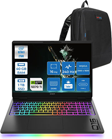 Hp Omen Max 16-AH0037NT Intel Core Ultra 9 275HX 40GB Ddr5 1tb SSD Freedos 12GB Nvıdıa RTX5070TI 16 Inç 500NITS 2k Wqxga (2560 x 1600) 240HZ 3ms IPS Siyah C52QYEAF20 + Zetta Çanta