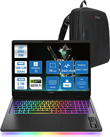 Hp Omen Max 16-AH0037NT Intel Core Ultra 9 275HX 128GB Ddr5 2tb SSD Windows 11 Home 12GB Nvıdıa RTX5070TI 16 Inç 500NITS 2k Wqxga (2560 x 1600) 240HZ 3ms IPS Siyah C52QYEAH51 + Zetta Çanta