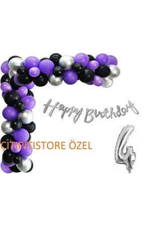 Siyah Mor Balon Çelenk Kemer Kiti Metal Gümüş Lateks Balonlar