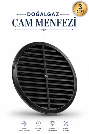 Doğalgaz Cam Menfezi Siyah Yuvarlak Cam Havalandırma Menfezi Vidalı Kolay Montaj Dayanıklı Plastik Hava Sirkülasyon Aparatı - 3 ADET