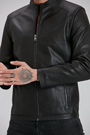 Erkek Siyah Hakiki Deri Jumbo Mont