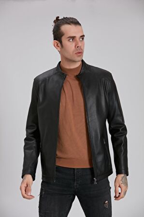 Erkek Siyah Hakiki Deri Jumbo Mont