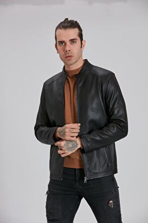 Erkek Siyah Hakiki Deri Jumbo Mont