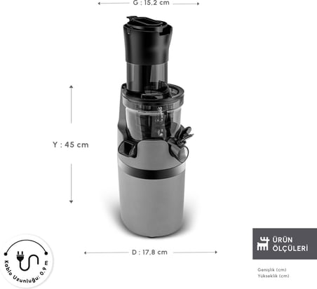 Karaca Yavaş Sıkım Katı Meyve Sıkacağı Gri Renkli 200W Motor Gücü ile Besin Değerlerini Korur