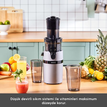 Karaca Yavaş Sıkım Katı Meyve Sıkacağı Gri Renkli 200W Motor Gücü ile Besin Değerlerini Korur
