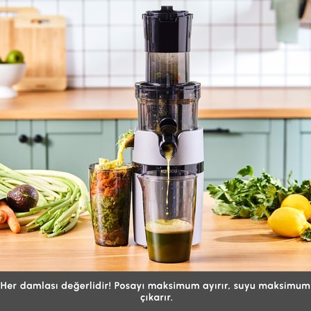Karaca Yavaş Sıkım Katı Meyve Sıkacağı Gri Renkli 200W Motor Gücü ile Besin Değerlerini Korur